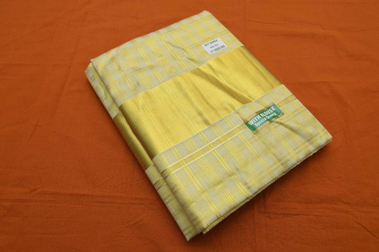 Women's Kerala Kasavu Tissue Saree with full checkeured pattern across body with Running blouse piece (100% Cotton )