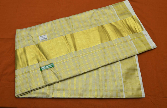 Women's Kerala Kasavu Tissue Saree with full checkeured pattern across body with Running blouse piece (100% Cotton )