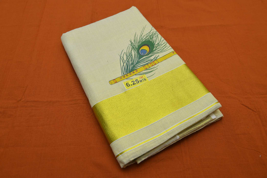 Women's Kerala Kasavu Tissue saree with Peacock feather & Flute print above & below border & across Pallu with Running blouse (100% Cotton)