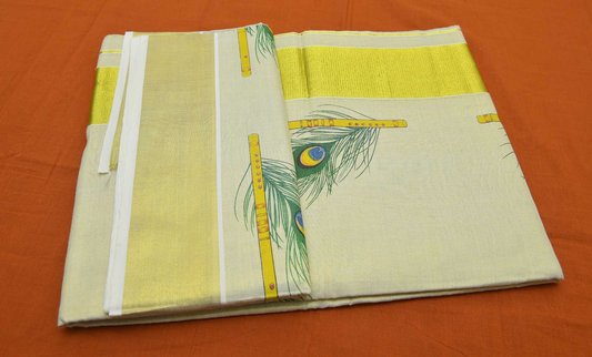 Women's Kerala Kasavu Tissue saree with Peacock feather & Flute print above & below border & across Pallu with Running blouse (100% Cotton)