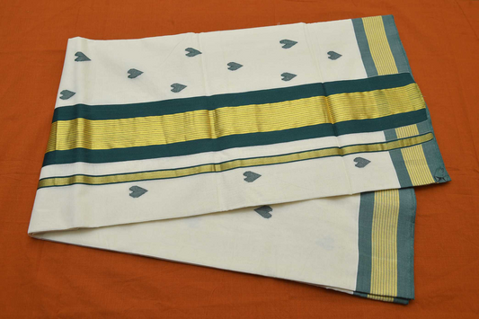 Women's Kerala Kasavu saree with Green-Gold Kasavu with Stripes &Green Heart motifs across body