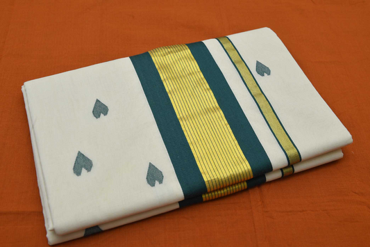 Women's Kerala Kasavu saree with Green-Gold Kasavu with Stripes &Green Heart motifs across body