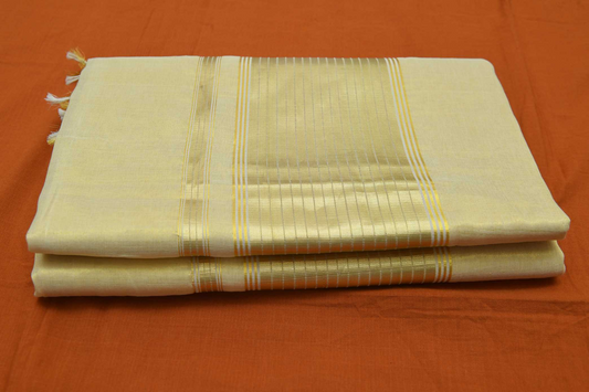 Women's Kerala Tissue Kasavu Saree with Stripe Kasavu with Running Blouse Piece