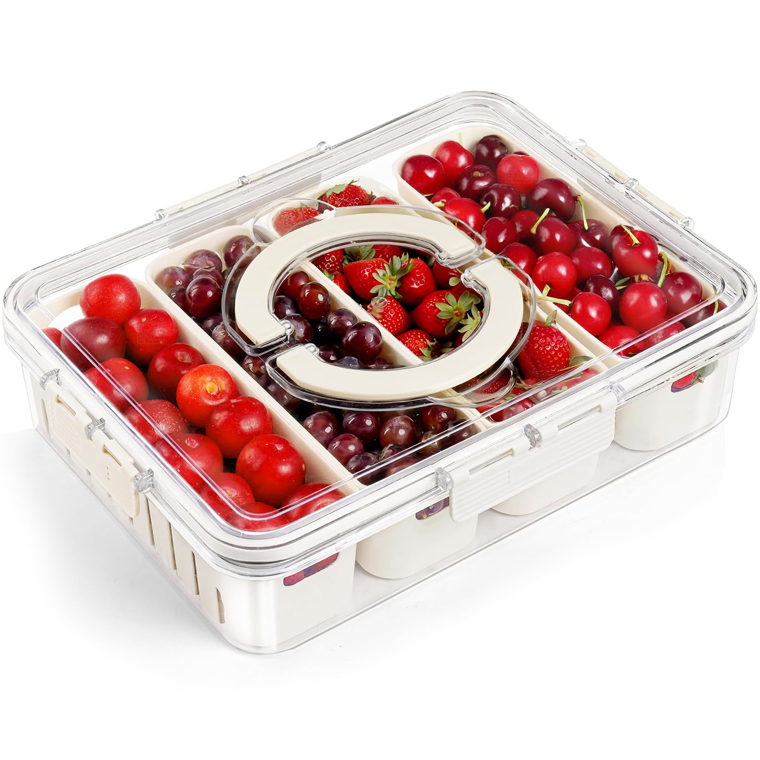 4-Compartment Fridge Organizer Bin with Lid and Handle – Divided Vegetable Tray & Snack Box – 4 Removable Storage Containers for Fruits, Veggies, and Meal Prep (1-Piece) - Image 1