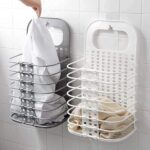 Wall Mounted Hanging Mesh Laundry Basket Toiletry Organization Washing Bin Home Portable Magic Sticker Plastic Laundry Hamper Bag for Bathroom Bedroom Dirty Clothes