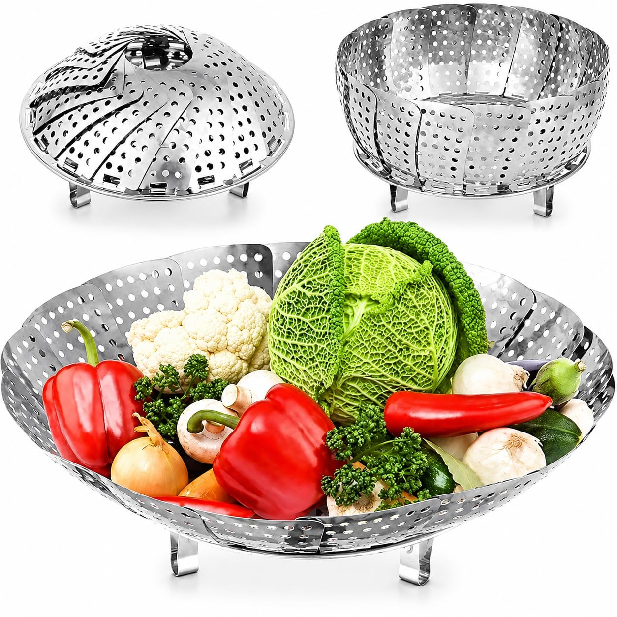Vegetable Steamer Basket, Premium Stainless Steel Veggie Steamer Basket - Folding Expandable Steamers to Fits Various Size Pot (Silver) - Image 1